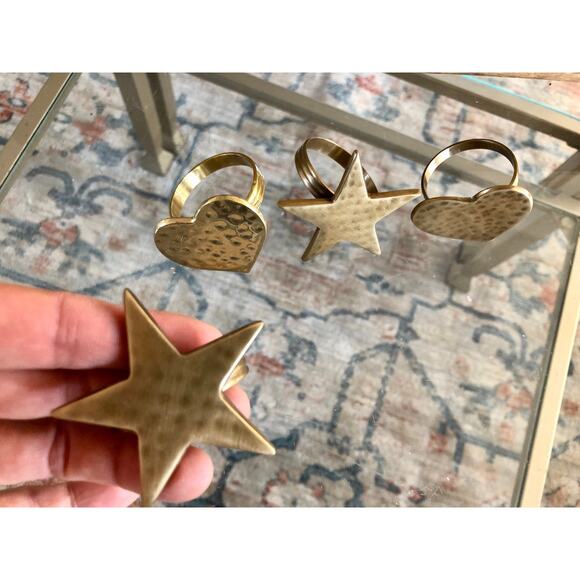 Vintage Gold Brass Hearts & Stars Napkin Rings, Solid Brass Holders, Set of 4 - Picture 2 of 8